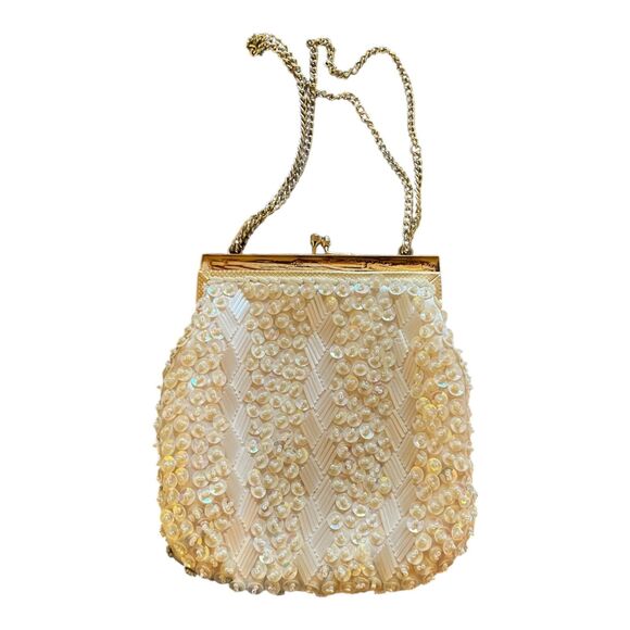 Vintage ivory sequined beaded evening bag gold kisslock chain strap glam retro - Picture 2 of 13
